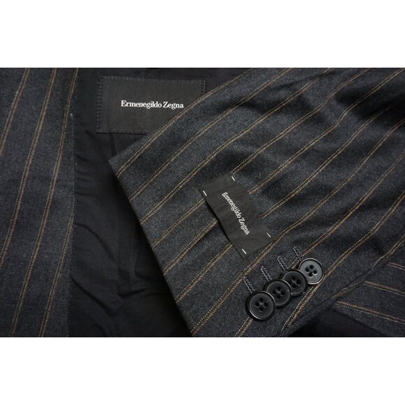 Ermenegildo Zegna Milano Charcoal Gold Striped Wool 2Pc Suit Jacket Pant 44R NEW